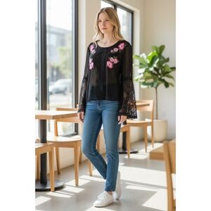 Miss Selfridge Black Embroidered Floral Bell Sleeve Sheer Top Size 4 NWT